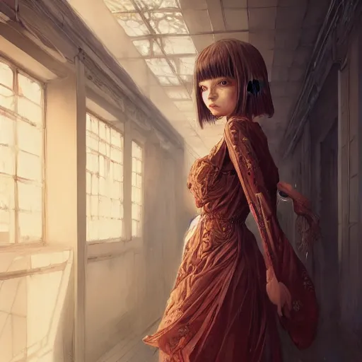 Image similar to beautiful girl in intricate clothing walking through a hallway filled with reaching hands, reflections, very high intricate details, horror, painting, digital anime art, medium shot, mid - shot, wlop, ilya kuvshinov, artgerm, krenz cushart, greg rutkowski, sana takeda