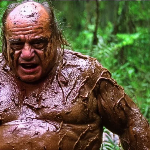 Image similar to cinematic still of danny devito, covered in mud and watching a predator in a swamp in 1 9 8 7 movie predator, hd, 4 k