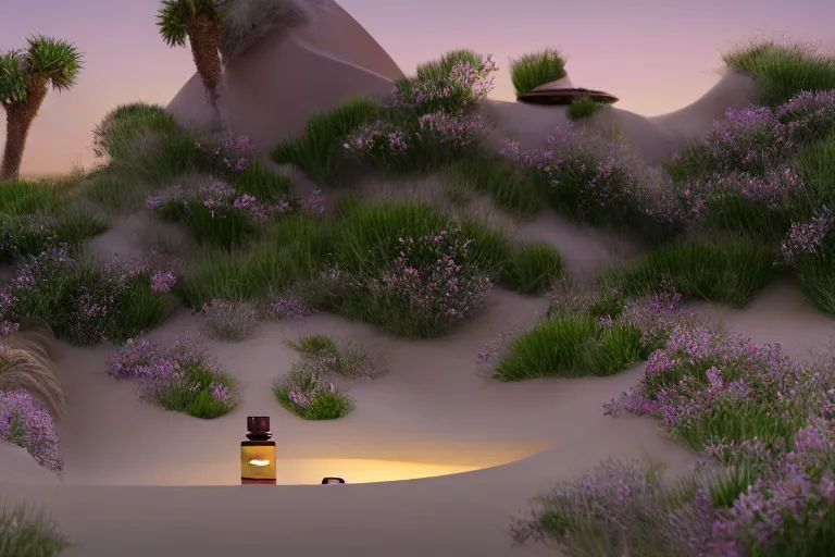 Image similar to perfume bottle buried in zen oasis hotspring by peter tarka in the middle of a desert with little flowers, soft lilac skies, silky smooth, dramatic, mid day, sand dune background, large scale, wind - swept, lots of detail, realistic lighting, octane render, by wlop, artgerm, trending on artstation