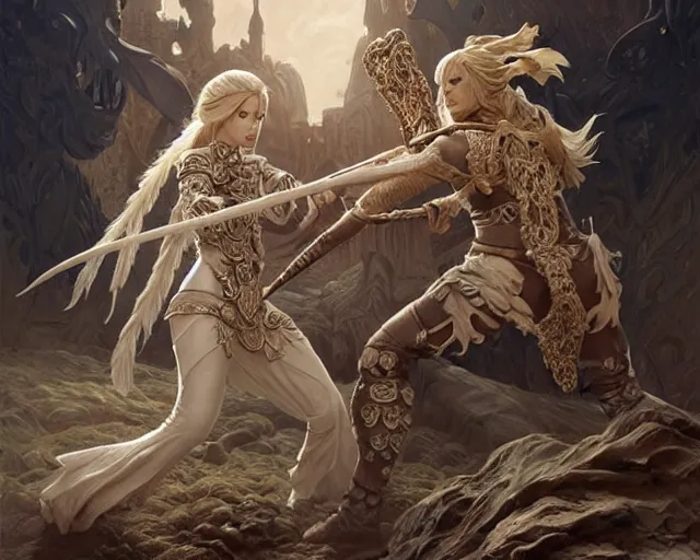 Prompt: mage fighting a ghoul, ivory carved mantle, blonde braided hair mage wearing ivory carved bone armor, bone plants, movie action still frame, intricate, elegant, highly detailed, digital painting, concept art, smooth, sharp, focus, illustration, art by artgerm, greg rutkowski, ilya kuvshinov, alphonse mucha