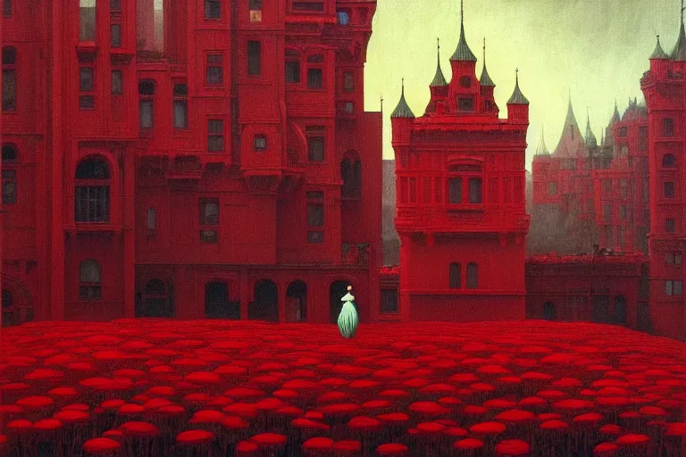 Image similar to only with red, red flowers of different types, red castle in background, red medieval goblins, in the style of beksinski, parts by edward hopper, parts by rodcenko, parts by yue minjun, intricate and epic composition, red by caravaggio, insanely quality, highly detailed, masterpiece, red light, artstation, 4 k