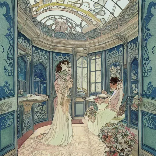 Image similar to a beautiful intricate watercolor illustration of a victorian dressing room, 4 k, ultra - wide angle, by william turner, by victo ngai, by alphonse mucha, by miho hirano, hd, trending on artstation, hyper detailed, muted colors