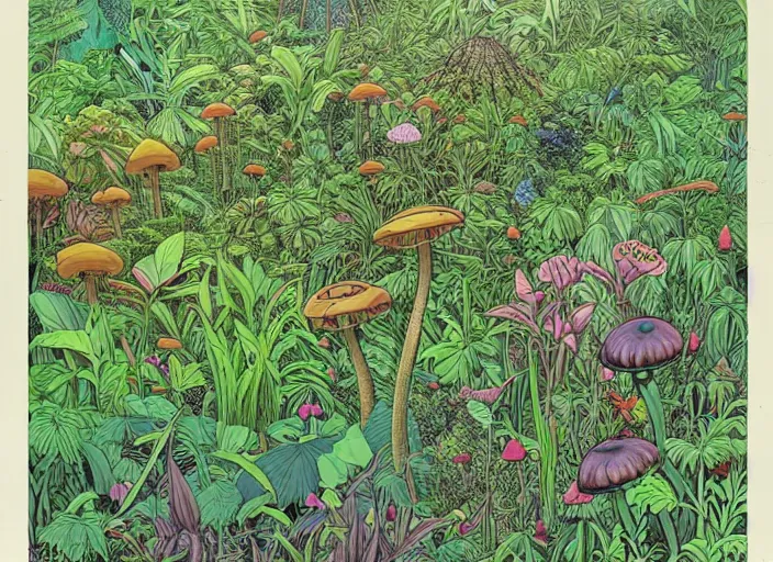 Prompt: surreal line art of a lot of jungle flowers and plants + poison toxic mushrooms + long grass + butterflies + mystic fog, no - shadow, 7 0's vintage sci - fi style, by moebius, kim jung gi, hyperrealism, rule of third!!!!, superfine detailed, top view