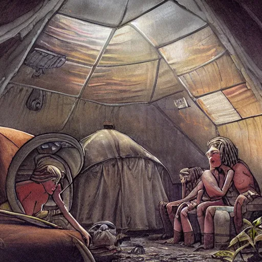 Image similar to primitive extraterrestrial villagers caring for injured human at bedside, inside primitive hut, cinematic, worm's eye view, dramatic lighting, illustration, ron cobb, mike mignogna, science fiction, detailed painting, high detail, rough paper