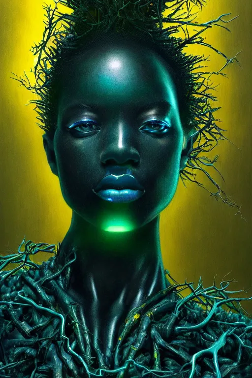 Prompt: hyperrealistic avant garde cinematic super expressive! black woman with exoskeleton armor, merging with tree in a forest, highly detailed digital art masterpiece, smooth cam de leon eric zener dramatic pearlescent soft teal yellow light, ground angle hd 8 k, sharp focus