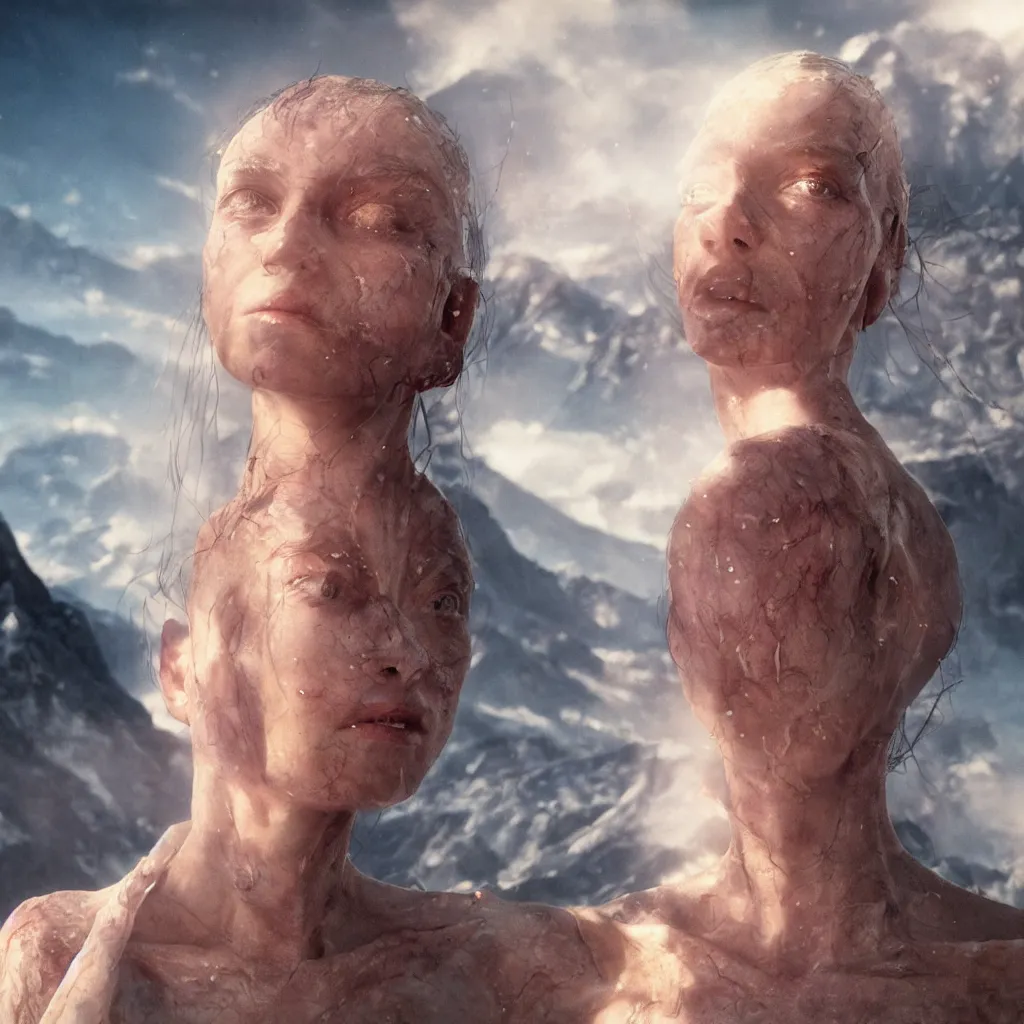 Image similar to extremely detailed cinematic movie still 3 0 7 7 portrait shot of phoenix princess 1 8 years old white woman hyperreal skin face at the mountain top by denis villeneuve, wayne barlowe, simon birch, marc simonetti, philippe druillet, beeple, bright volumetric sunlight from remote star, rich moody colors, closeup, bokeh