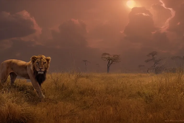 Prompt: tarkovsky scene in the style of the lion king, hyper realistic, ambient lighting, concept art, intricate, hyper detailed, smooth, dynamic volumetric lighting, octane, raytrace, cinematic, high quality, high resolution, 4 k
