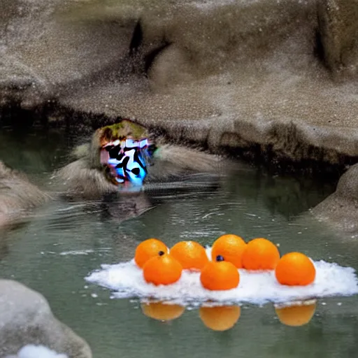 Image similar to a group of Japanese macaques in a snowy hot spring, oranges floating in the water, early morning