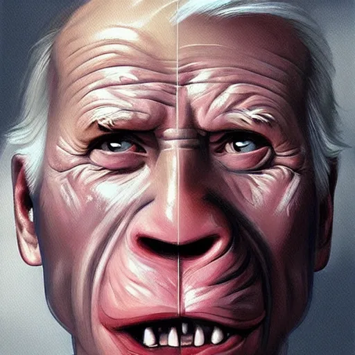 Image similar to Very funny Joe Biden looking like an old monkey, colorful painting on grey scale face, powerful , magic, thunders, dramatic lighting, intricate, wild, highly detailed, digital painting, artstation, concept art, smooth, sharp focus, illustration, art by artgerm and greg rutkowski and alphonse mucha, footage