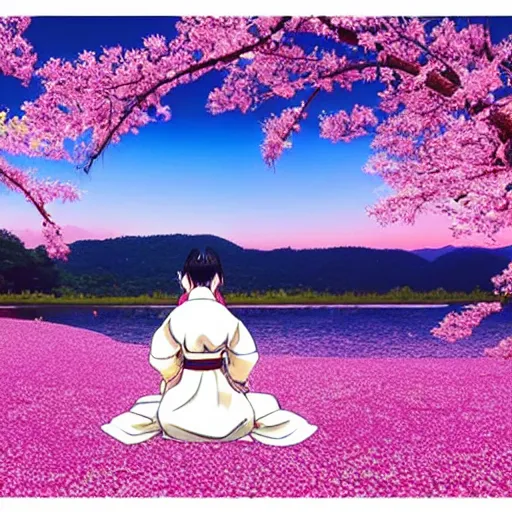 Prompt: Sakuyamon with the moon behind her by a shimmering lake, Sakura petals around her, majestic, graceful