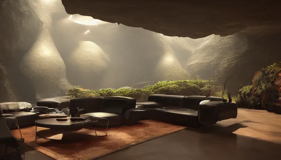 Image similar to a futuristic apartment interior in the style of a red granite cave, single black leather couch, plants, waterfall, high ceiling, dark moody lighting, foggy atmosphere, 16mm lens, by craig mullins, octane rendering