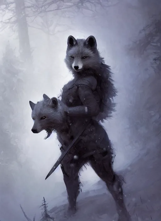 Prompt: character concept portrait of a bipedal Arctic Fox, dark fur, Paladin with in full metal armor with a sword and shield, a blizzard drifts through the forest behind her, intricate, elegant, digital painting, concept art, smooth, sharp focus, illustration, from Metal Gear, by Ruan Jia and Mandy Jurgens and William-Adolphe Bouguereau, Artgerm