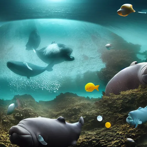 Image similar to ultra realistic underwater photography, panoramic picture of an ocean floor with large baluga whales. lots of bubbles. seaweed and some rocks. gloomy scattered light entering from the water surface, artstation, 8 k