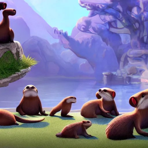 Image similar to character set, concept art, otters playing, 3 d render, pixar, dreamworks,