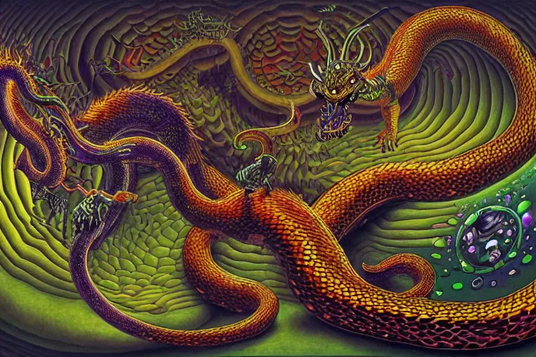 Image similar to a detailed digital art painting of a cyberpunk magick oni dragon with occult futuristic effigy of a beautiful field of mushrooms that is a adorable leopard atomic latent snakes in between ferret biomorphic molecular hallucinations in the style of escher, alex grey, stephen gammell inspired by realism, symbolism, magical realism and dark fantasy, crisp,