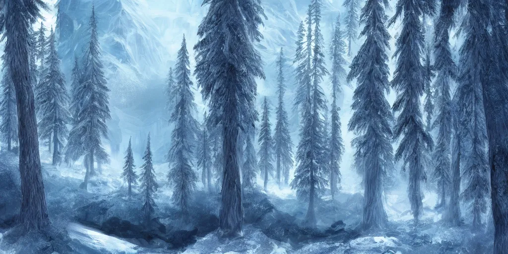 Image similar to landscape portrait f a mile high ice wall, dividing a wintery forest, fantasy, digital art, trending on artstation