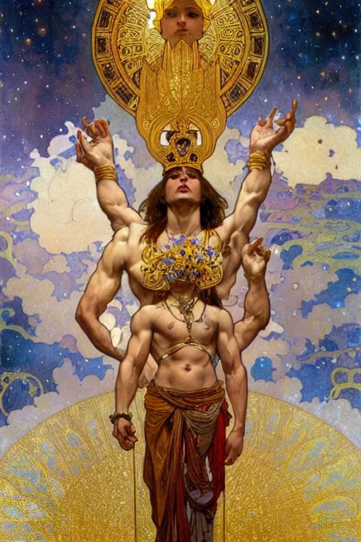 Image similar to a god wearing clothes and golden crown, holding a star, muscular, flowers, amazing, tarot art, painting by greg rutkowski, alphonse mucha, gustav klimt