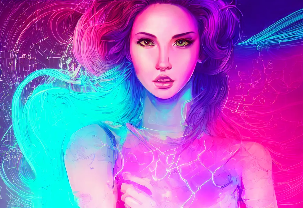 Image similar to a award winning half body portrait of a beautiful woman in a croptop and cargo pants with ombre purple pink teal hairstyle surrounded by whirling illuminated lines, outrun, vaporware, shaded flat illustration, digital art, trending on artstation, highly detailed, fine detail, intricate, sensual, elegant, seductive