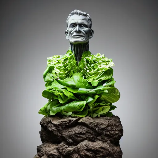 Prompt: sculpture of a bodybuilder made entirely from fresh lettuce, by antoni gaudi, studio lighting, 8 k, high quality, professional photography