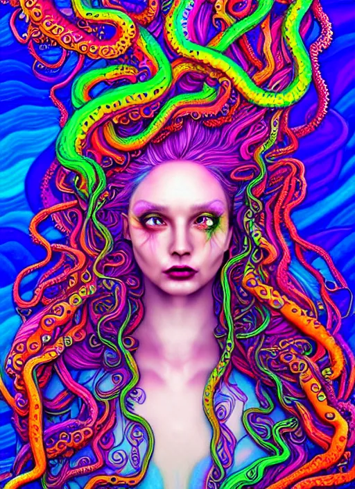 Prompt: A sea goddess with colorful tentacles hair having an extremely colorful psychedelic experience, warping time and space, magic mushrooms, psilocybin, LSD, face, detailed, intricate, elegant, highly detailed, digital painting, artstation, concept art, smooth, sharp focus, illustration, art by Krenz Cushar, Artem Demura, alphonse mucha and beeple, Octane render, unreal engine, 8K