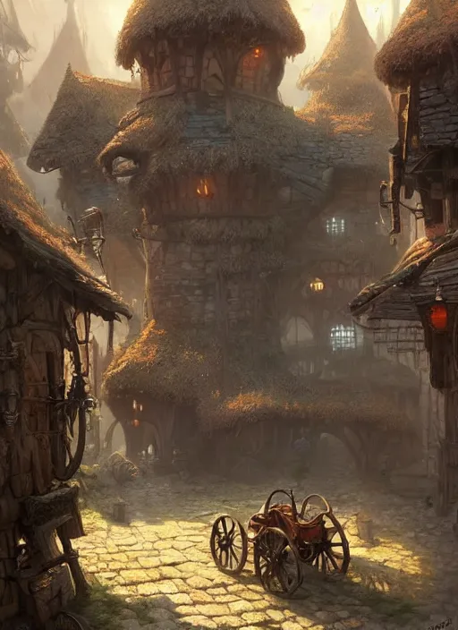 Prompt: wagons pulled by an ox at the robust fantasy castle courtyard, calming, uplifting mood, ultra realistic, funny, small buildings, highly detailed, epic lighting, illuminated, cinematic, morning, art by eddie mendoza