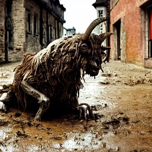 Image similar to horror, moody, still from film, daytime, muddy village square, wide shot, roaring mutant goat monster, powerful and huge, creeping on legs with hands instead of feet, filthy jagged teeth in gaping mouth, matted brown fur, in muddy medieval village square