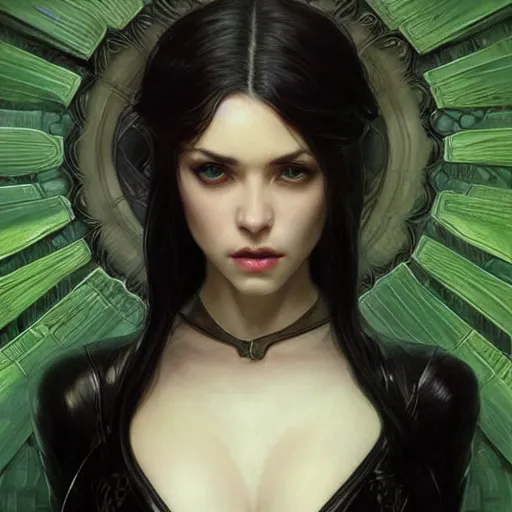 Prompt: Portrait of slim shapely pale young sorceress wearing black leather armor, long black hair, green eyes, intricate, elegant, highly detailed, digital painting, artstation, concept art, smooth, sharp focus, illustration, art by artgerm and greg rutkowski and alphonse mucha and andrei riabovitchev