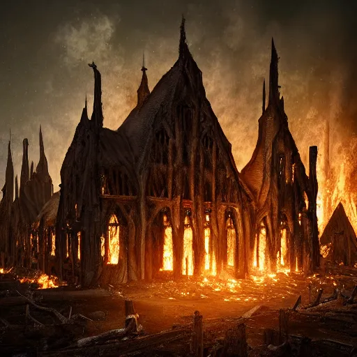 Prompt: hyperrealistic photograph of the norway wood churches burned to the ground, fire, giant bones, skeletons, dim volumetric lighting, octane beautifully detailed render, extremely hyper detailed, intricate, epic composition, cinematic lighting, masterpiece, trending on artstation, very detailed, stunning, hdr, smooth, sharp focus, high resolution, award, winning photo