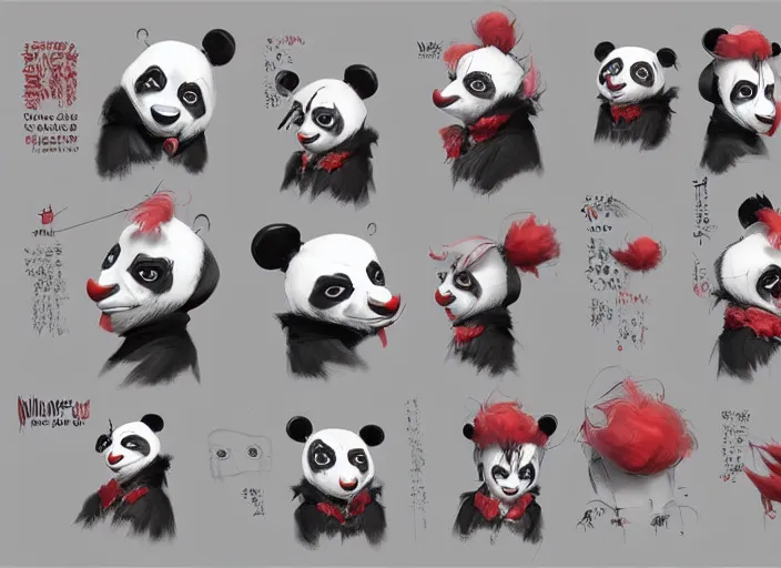 Image similar to award - winning detailed concept art of a strange creepy clown iconic anthropomorphic panda character wearing clown makeup. art by wlop on bcy. net, realistic. detailed feathers, art by cheng yi. artstationhd, artgerm, 3 dcg, pixar zootopia. 3 d rendering, high quality model sheet, disney. model sheet detailed