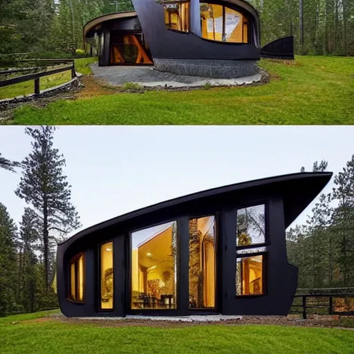 Prompt: a modern house in the woods, surrounded by pine trees. the house is the shape of a mobius strip with large picture windows.