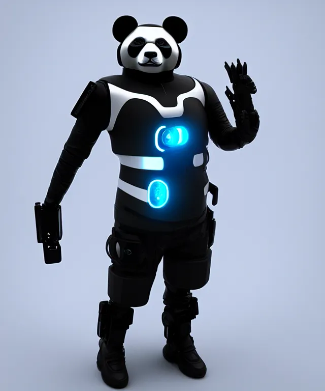 Image similar to futuristic cyberpunk android panda, duo tone, reflective skin, trending on Artstation, smooth render, digital 3d