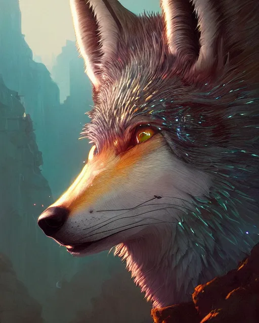 Image similar to highly detailed surreal vfx portrait of a raypunk wolf, stephen bliss, unreal engine, greg rutkowski, loish, rhads, beeple, makoto shinkai and lois van baarle, ilya kuvshinov, rossdraws, tom bagshaw, alphonse mucha, global illumination, detailed and intricate environment