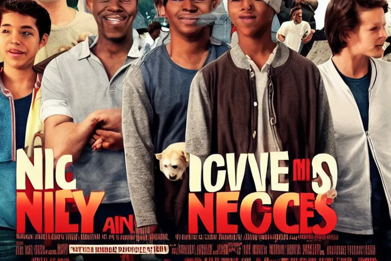 Prompt: a movie poster with dog - eared corners, advertising a movie called nice boys, showing a diverse crowd of young men being nice to strangers