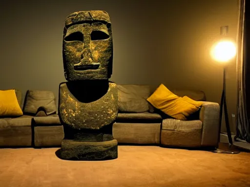 Prompt: a moai in a dark living room at night