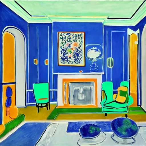 Prompt: hd photo of a living room, designed by and artist henri matisse paintings, wide lens, three point perspective, neon lights, highly detailed, unreal engine, photorealism