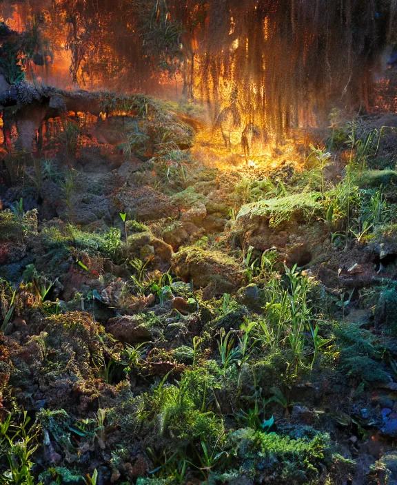 Image similar to intricate transparent clear see - through image of molten forge, lush botany, hellscape environment, ultra realistic, concept art, trippy psychedelic, photorealistic, octane render, 8 k, unreal engine. art by nori inoguchi and sam kaplan and zachary goulko and christopher marley