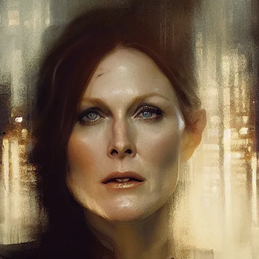 Image similar to julianne moore, hyperrealistic portrait, bladerunner street, art of elysium by jeremy mann and alphonse mucha, fantasy art, photo realistic, dynamic lighting, artstation, poster, volumetric lighting, very detailed face, 4 k, award winning