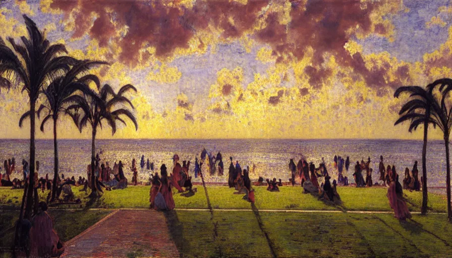 Image similar to a ultradetailed beautiful painting of the thunderstorm sky of the amazonas palace balustrade designed by jules bastien - lepage, tarsila do amaral, frank weston and gustave baumann, beach, trending on artstation, mediterranean, palm trees, sharp focus, colorful refracted sparkles and lines, soft light, 8 k 4 k