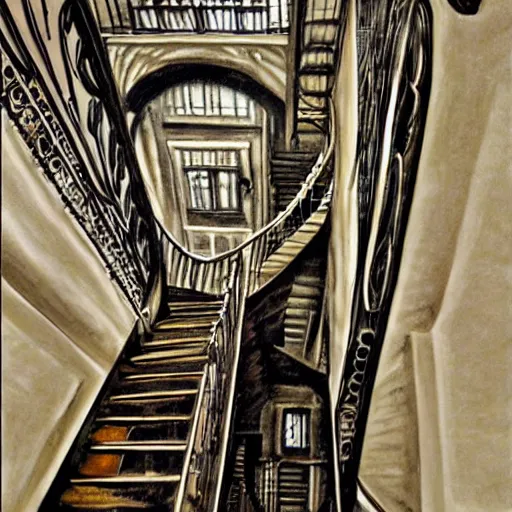 Prompt: Steampunk escher stairwell painting
