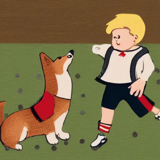 Image similar to illustration of french boy in paris playing football against a corgi, the corgi is wearing a polka dot scarf