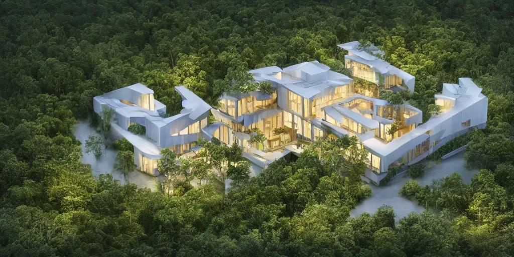 Image similar to 3d rendering of beautiful nature meets architecture concept of a residential house by Bjarke Ingels Group, in a tropical forest, volumetric lighting,, luxury, high detail, 14mm, cinematic photography, cg architects, high resolution