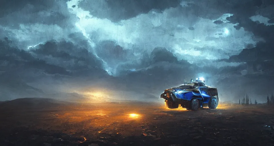 Prompt: an image of a space rover in the night on a mountain with blue headlights on by Paul Chadeisson, atmospheric, stormy weather, concept art, high detail, intimidating, cinematic, Artstation trending, octane render