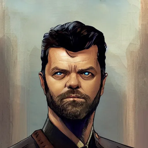 Image similar to beautiful portrait of a man with a short-beard blue eyes(looking like joshua jackson and aaron paul, sean bean), in the style of Enki Bilal and Joe Jusko and Alex Ross, trending on artstation