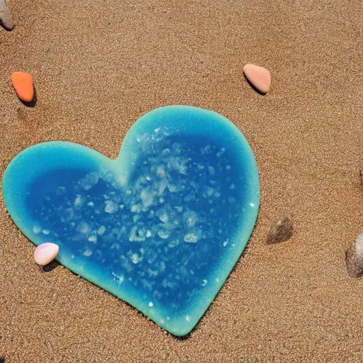 Prompt: heart shape pebbles on a beach, sunny day, camera flare, water foam on the shore, beach day
