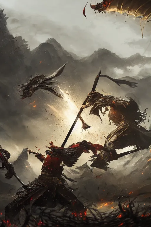 Image similar to a close up shot of the most epic samurai battle in history. Ancient dragons slaughtering samurai. Two samurai dueling, many dead with Sashimono. Greg rutkowski legendary matte painting.. 4k, particles light,