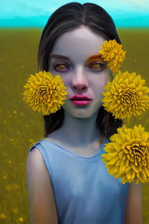 Image similar to closeup girl with huge yellow dahlia flower face, on beach, surreal photography, blue sky, sunrise, dramatic light, impressionist painting, digital painting, artstation, simon stalenhag