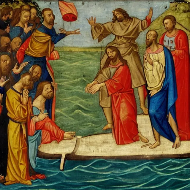 Prompt: a medieval painting depicting jesus of nazareth blessing a submarine