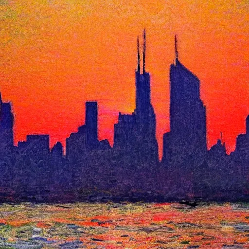Prompt: close-up mixed media photo of Art Nouveau skyline of New York City hudson bay by monet collage at golden hour sunset