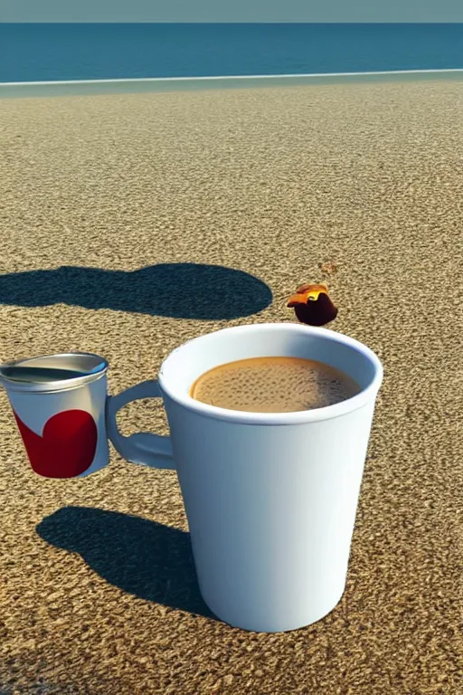 Prompt: Seagull Pixar character drinking a cup of coffee in the beach, Up movie style, 3d render