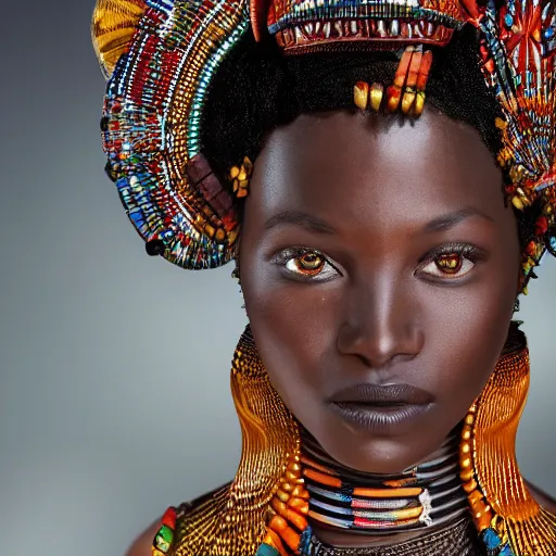 Image similar to vintage portrait of a stunningly beautiful west african tribal queen female, depth of field, zeiss lens, detailed, symmetrical, centered, fashion photoshoot, by edward s curtis, Annie Leibovitz and Steve McCurry, David Lazar, Jimmy Nelsson, Breathtaking, 8k resolution, extremely detailed, beautiful, establishing shot, artistic, hyperrealistic, beautiful face, octane render